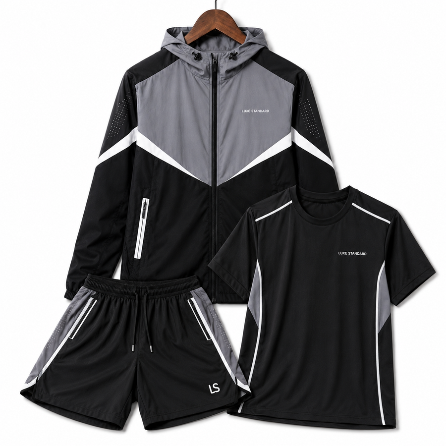 WINDBREAKER T-SHIRT SHORTS SET (BLACK)